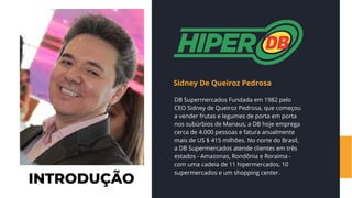INTRODUÇÃO
DB Supermercados Fundada em 1982 pelo
CEO Sidney de Queiroz Pedrosa, que começou
a vender frutas e legumes de porta em porta
nos subúrbios de Manaus, a DB hoje emprega
cerca de 4.000 pessoas e fatura anualmente
mais de US $ 415 milhões. No norte do Brasil,
a DB Supermercados atende clientes em três
estados - Amazonas, Rondônia e Roraima -
com uma cadeia de 11 hipermercados, 10
supermercados e um shopping center.
Sidney De Queiroz Pedrosa
 