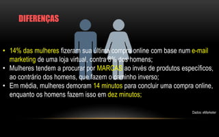 DIFERENÇAS 
• 14% das mulheres fizeram sua última compra online com base num e-mail 
marketing de uma loja virtual, contra 8% dos homens; 
• Mulheres tendem a procurar por MARCAS ao invés de produtos específicos, 
ao contrário dos homens, que fazem o caminho inverso; 
• Em média, mulheres demoram 14 minutos para concluir uma compra online, 
enquanto os homens fazem isso em dez minutos; 
Dados: eMarketer 
 