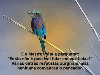 E o Mestre volta a perguntar: “Então não é possível falar em voz baixa?” Várias outras respostas surgiram, mas nenhuma convenceu o pensador. 