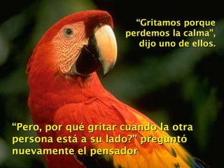 “ Gritamos porque perdemos la calma”, dijo uno de ellos. “ Pero, por qué gritar cuando la otra persona está a su lado?” preguntó nuevamente el pensador 