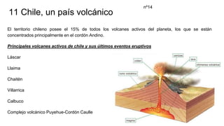 11 Chile, un país volcánico
El territorio chileno posee el 15% de todos los volcanes activos del planeta, los que se están
concentrados principalmente en el cordón Andino.
Principales volcanes activos de chile y sus últimos eventos eruptivos
Láscar
Llaima
Chaitén
Villarrica
Calbuco
Complejo volcánico Puyehue-Cordón Caulle
nº14
 