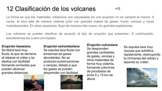 12 Clasificación de los volcanes
La forma en que los materiales volcánicos son expulsados en una erupción no es siempre la misma. A
veces, la lava sale de manera violenta junto con grandes masas de gases, humo, cenizas y rocas
incandescentes. En otras ocasiones, fluye de manera más suave, sin grandes explosiones.
Los volcanes se pueden clasificar de acuerdo al tipo de erupción que presentan. A continuación,
estudiaremos las cuatro principales.
nº2
Se expulsa lava muy
viscosa que solidifica
rápidamente, obstruyendo
la chimenea del volcán y
tapando su cráter.
Erupción hawaiana
Se libera lava muy
fluida, la que se derrama
al rebasar el cráter y se
desliza con facilidad
formando corrientes que
pueden alcanzar
grandes distancias.
Erupción vulcaniana
Se desprenden
grandes cantidades
de gases, cenizas y
otros materiales de
forma muy violenta,
formando columnas
de piroclastos de
entre 5 y 15 km de
altura.
Erupción estromboliana
Se expulsa lava fluida con
emisiones de gases
abundantes. No se
producen pulverizaciones
o cenizas, debido a que
los gases se pueden
desprender con facilidad.
 