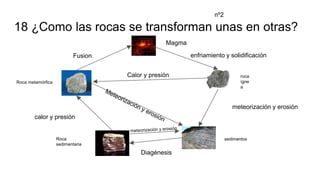 18 ¿Como las rocas se transforman unas en otras?
nº2
Roca metamórfica
Roca
sedimentaria
sedimentos
roca
ígne
a
Magma
Fusion enfriamiento y solidificación
meteorización y erosión
calor y presión
Diagénesis
 