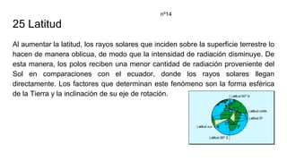 25 Latitud
Al aumentar la latitud, los rayos solares que inciden sobre la superficie terrestre lo
hacen de manera oblicua, de modo que la intensidad de radiación disminuye. De
esta manera, los polos reciben una menor cantidad de radiación proveniente del
Sol en comparaciones con el ecuador, donde los rayos solares llegan
directamente. Los factores que determinan este fenómeno son la forma esférica
de la Tierra y la inclinación de su eje de rotación.
nº14
 
