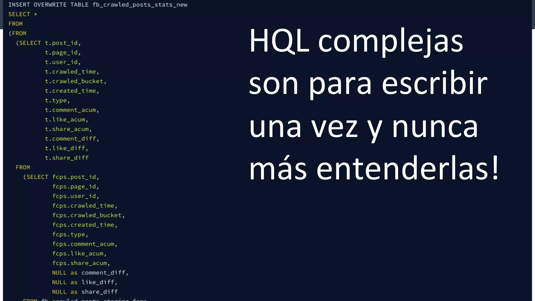 HQL	
  complejas	
  
son	
  para	
  escribir	
  
una	
  vez	
  y	
  nunca	
  
más	
  entenderlas!	
  
 