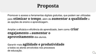 Promover o acesso a ferramentas digitais gratuitas, que podem ser utilizadas
para otimizar o tempo, além de aumentar a qualidade e
as opções de ensino e aprendizagem.
Ampliar a eficácia e eficiência do aprendizado, bem como criar
engajamento e aumentar o
aproveitamento dos alunos.
Garantir mais agilidade e produtividade
a todos os atores envolvidos nos processos
de educação.
Proposta
 