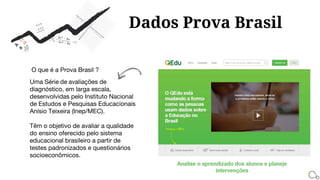 Dados Prova Brasil
Uma Série de avaliações de
diagnóstico, em larga escala,
desenvolvidas pelo Instituto Nacional
de Estudos e Pesquisas Educacionais
Anísio Teixeira (Inep/MEC).
Têm o objetivo de avaliar a qualidade
do ensino oferecido pelo sistema
educacional brasileiro a partir de
testes padronizados e questionários
socioeconômicos.
O que é a Prova Brasil ?
 
