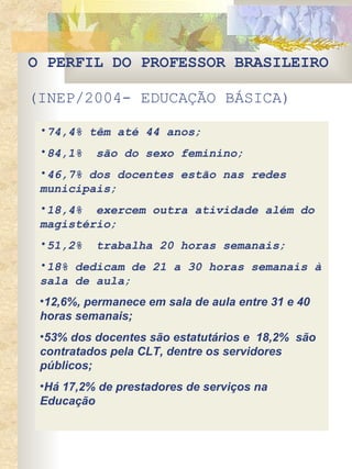 O PERFIL DO PROFESSOR BRASILEIRO   (INEP/2004- EDUCAÇÃO BÁSICA) 74,4% têm até 44 anos; 84,1%  são do sexo feminino; 46,7% dos docentes estão nas redes municipais; 18,4%  exercem outra atividade além do magistério; 51,2%  trabalha 20 horas semanais; 18% dedicam de 21 a 30 horas semanais à sala de aula; 12,6%, permanece em sala de aula entre 31 e 40 horas semanais; 53% dos docentes são estatutários e  18,2%  são contratados pela CLT, dentre os servidores públicos; Há 17,2% de prestadores de serviços na Educação  