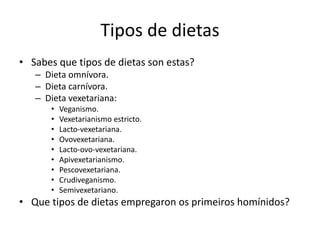 Tipos de dietas
• Sabes que tipos de dietas son estas?
– Dieta omnívora.
– Dieta carnívora.
– Dieta vexetariana:
• Veganismo.
• Vexetarianismo estricto.
• Lacto-vexetariana.
• Ovovexetariana.
• Lacto-ovo-vexetariana.
• Apivexetarianismo.
• Pescovexetariana.
• Crudiveganismo.
• Semivexetariano.
• Que tipos de dietas empregaron os primeiros homínidos?
 