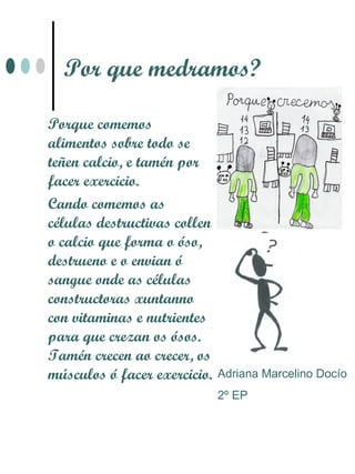 Por que medramos?

Porque comemos
alimentos sobre todo se
teñen calcio, e tamén por
facer exercicio.
Cando comemos as
células destructivas collen
o calcio que forma o óso,
destrueno e o envian ó
sangue onde as células
constructoras xuntanno
con vitaminas e nutrientes
para que crezan os ósos.
Tamén crecen ao crecer, os
músculos ó facer exercicio.   Adriana Marcelino Docío
                              2º EP
 