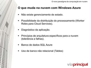 O novo paradigma da computação em nuvem
O que muda na nuvem com Windows Azure
 Não existe gerenciamento de estado.
 Possibilidade da distribuição do processamento (Worker
Roles para Cloud Services).
 Diagnóstico da aplicação.
 Princípios de arquitetura específicos para a nuvem
(tolerância a falhas).
 Banco de dados SQL Azure
 Uso de banco não relacional (Tables)
 