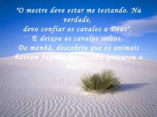 "O mestre deve estar me testando. Na verdade, devo confiar os cavalos a Deus". E deixou os cavalos soltos. De manhã, descobriu que os animais haviam fugido. Revoltado, procurou o mestre.