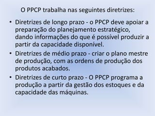 O PPCP trabalha nas seguintes diretrizes:
• Diretrizes de longo prazo - o PPCP deve apoiar a
preparação do planejamento estratégico,
dando informações do que é possível produzir a
partir da capacidade disponível.
• Diretrizes de médio prazo - criar o plano mestre
de produção, com as ordens de produção dos
produtos acabados.
• Diretrizes de curto prazo - O PPCP programa a
produção a partir da gestão dos estoques e da
capacidade das máquinas.
 