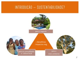 3
para o negocio
para as comudidades
e cultura local
para o
meio ambiente
+ Benefícios
- Impactos neg
–
 