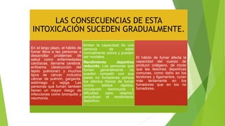 LAS CONSECUENCIAS DE ESTA
INTOXICACIÓN SUCEDEN GRADUALMENTE.
En el largo plazo, el hábito de
fumar lleva a las personas a
desarrollar problemas de
salud como enfermedades
cardíacas, derrame cerebral,
enfisema (destrucción del
tejido pulmonar) y muchos
tipos de cáncer, incluidos
cáncer de pulmón, garganta,
estómago y vejiga. Las
personas que fuman también
tienen un mayor riesgo de
infecciones como bronquitis y
neumonía.

limitan la capacidad de una
persona
de
estar
normalmente activa y pueden
ser mortales.
Rendimiento
deportivo
reducido. Las personas que
fuman
generalmente
no
pueden competir con sus
pares no fumadores porque
los efectos físicos de fumar
(como
latidos
rápidos,
circulación
disminuida
y
dificultad
para
respirar)
perjudican el rendimiento
deportivo.

El hábito de fumar afecta la
capacidad del cuerpo de
producir colágeno, de modo
que las lesiones deportivas
comunes, como daño en los
tendones y ligamentos, curan
más lentamente en los
fumadores que en los no
fumadores.

 