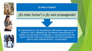 ES MALO FUMAR?

¿Es malo fumar? o ¿Es solo propaganda?

En Latinoamérica las estadísticas demuestran que muchas
mujeres viven rodeadas de fumadores absorbiendo el
tabaco aun durante el embarazo, a consecuencia de ello
nacen muchos niños con problemas de enfermedades lo
que es pero deformaciones irreparables.

 