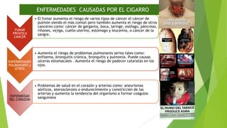 ENFERMEDADES CAUSADAS POR EL CIGARRO

FUMAR
PROVOCA
CANCER

• El fumar aumenta el riesgo de varios tipos de cáncer el cáncer de
pulmón siendo el más común pero también aumenta el riesgo de otros
canceres como: cáncer de garganta, boca, laringe, esófago, páncreas,
riñones, vejiga, cuello uterino, estómago y leucemia, o cáncer de la
sangre.

• Aumenta el riesgo de problemas pulmonares serios tales como:
enfisema, bronquitis crónica, bronquitis y pulmonía. Puede causas
ulceras estomacales . Aumenta el riesgo de padecer cataratas en los
ENFERMEDADES
ojos.
PULMONARES y
OTROS

ENFERMEDAD
DEL CORAZON

• Problemas de salud en el corazón y arterias como: aneurismas
aórticos, aterosclerosis o endurecimiento y constricción de las
arterias y aumenta la tendencia del organismo a formar coágulos
sanguíneos

 