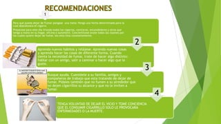 1
Para que pueda dejar de Fumar póngase una meta: Ponga una fecha determinada para la
cual abandonara el cigarro.
Preparase para este día tirando todos los cigarros, ceniceros, encendedores y otros que
tenga a mano en su hogar, oficina o automóvil. Concientícese anote todas las razones por
las cuales quiere dejar de fumar, lea esta lista constantemente.

2

Aprenda nuevos hábitos y relájese. Aprenda nuevas cosas
y aprenda hacer las cosas de diferente forma. Cuando
sienta la necesidad de fumar, trate de hacer algo distinto:
hablar con un amigo, salir a caminar o hacer algo que le
guste.

3

Busque ayuda. Cuentéele a su familia, amigos y
compañeros de trabajo que esta tratando de dejar de
fumar. Pídales también que no fumen a su alrededor que
no dejen cigarrillos su alcance y que no la inviten a
fumar.

TENGA VOLUNTAD DE DEJAR EL VICIO Y TOME CONCIENCIA
QUE EL CONSUMIR CIGARRILLO SOLO LE PROVOCARA
ENFERMEDADES O LA MUERTE.

4

 