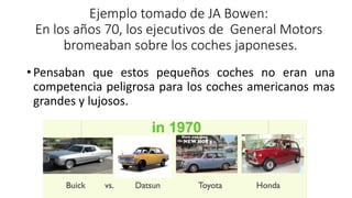 Ejemplo tomado de JA Bowen:
En los años 70, los ejecutivos de General Motors
bromeaban sobre los coches japoneses.
•Pensaban que estos pequeños coches no eran una
competencia peligrosa para los coches americanos mas
grandes y lujosos.
 