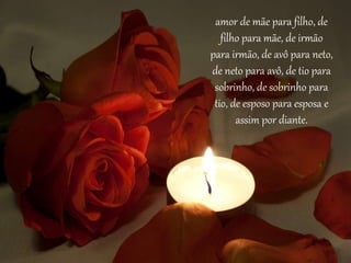 amor de mãe para filho, de
filho para mãe, de irmão
para irmão, de avô para neto,
de neto para avô, de tio para
sobrinho, de sobrinho para
tio, de esposo para esposa e
assim por diante.
 