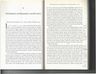 3.
THE MAKING OF PROSPERITY AND POVERTY
THE EcoNOMICS OF THE 38TH PARALLEL
IN T H E s u M M E R o F 194 s, as the Second World War was draw­
ing to a clase, the Japanese colony in Korea began to collapse.
Within a month of Japan's August 15 unconditional surrender, Korea
was divided at the 38th parallel into two spheres of influence. The
South was administered by the United States. The North, by Russia.
The uneasy peace of the cold war was shattered in June 1950 when
the North Korean army invaded the South. Though initially the North
Koreans made large inroads, capturing the capital city, Seoul, by the
autumn, they were in full retreat. It was then that Hwang Pyóng-Wón
and his brother were separated. Hwang Pyóng-Wón managed to hide
and avoid being drafted into the North Korean army. He stayed in the
South and worked as a pharmacist. His brother, a doctor working in
Seoul treating wounded soldiers from the South Korean army, was
taken north as the North Korean army retreated. Dragged apart in
1950, they met again in 2000 in Seoul for the first time in fifty years,
after the two governments finally agreed to initiate a limited program
of family reunification.
As a doctor, Hwang Pyóng-Wón's brother had ended up working
for the air force, a good job in a military dictatorship. But even those
with privileges in North Korea don't do that well. When the brothers
met, Hwang Pyóng-Wón asked about how life was north of the 38th
parallel. He had a car, but his brother didn't. "Do you have a tele­
phone?" he asked his brother. "No," said his brother. "My daughter,
who works at the Foreign Ministry, has a phone, but if you don't
THE MAKING OF PROSPERITY AND PovERTY • 71
know the code you can't call." Hwang Pyóng-Wón recalled how al!
the people from the North at the reunían were asking for money, so
he offered sorne to his brother. But his brother said, "If I go back with
money the government will say, 'Give that money to us,' so keep it."
Hwang Pyóng-Wón noticed his brother's coat was threadbare: "Take
off that coat and leave it, and when you go back wear this one," he
suggested. "I can't do that," his brother replied. "This is just borrowed
from the government to come here." Hwang Pyóng-Wón recalled how
when they parted, his brother was ill at ease and always nervous as
though someone were listening. He was poorer than Hwang Pyóng-
Wón imagined. His brother said he lived well, but Hwang Pyóng-Wón
thought he looked awful and was thin as a rake. �l"t'l'te"
The people of South Korea have living standards similar to those t"lJ,u
of Portugal and Spain. To the north, in the so-called Democratic Peo- Je
ple's Republic of Korea, or North Korea, living standards are akin to Co..'<SO
those of a sub-Saharan African country, about one-tenth of average
'c'Y�i
living standards in South Korea. The health of North Koreans is in an J,d
even worse state; the average North Korean can expect to live ten
µ,)e
years less than his cousins south of the 38th parallel. Map 7 (page 72) �
illustrates in a dramatic way the economic gap between the Koreas. It � "-.
J ! .._.vi'
plots data on the intensity of light at night fr
om satellite images. North
Korea is almost completely dark due to lack of electricity; South Korea
tt._.c.
is blazing with light.
These striking differences are not ancient. In fact, they did not exist !) aJ:_7 !
prior to the end of the Second World War. But after 1945, the different �,o.
governments in the North and the South adopted very different ways '1¿.,,{.;.rw
•
of organizing their economies. South Korea was led, and its early �...
economic and political institutions were shaped, by the Harvard- and J
Princeton-educated, staunchly anticommunist Syngman Rhee, with
t,Ap.vw)
hl""'
significant support from the United States. Rhee was elected president 0·�
in 1948. Forged in the midst of the Korean War and against the threat c.:�¡
c1 :> 1
of communism spreading to the south of the 38th parallel, South ().J)� 1
Korea was no democracy. Both Rhee and his equally famous succes- "'
sor, General Park Chung-Hee, secured their places in history as au- (''."'....'>
thoritarian presidents. But both governed a market economy where �
A,-o¡,;"'
'(I' "'º
 