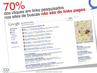 7 0%                   squisados ! ks pagos.!
            em links peo são de lin
dos cliques buscas nã
nos sites de




                 SOURCE: MARKETING SHERPA, FEBRUARY 6, 2007!
 