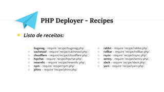 PHP Deployer - Recipes
◉ Lista de receitas:
○ bugsnag - require 'recipe/bugsnag.php';
○ cachetool - require 'recipe/cachetool.php';
○ cloudflare - require'recipe/cloudflare.php';
○ hipchat - require 'recipe/hipchat.php';
○ newrelic - require 'recipe/newrelic.php';
○ npm - require 'recipe/npm.php';
○ phinx - require 'recipe/phinx.php'
○ rabbit - require 'recipe/rabbit.php';
○ rollbar - require 'recipe/rollbar.php';
○ rsync - require 'recipe/rsync.php';
○ sentry - require 'recipe/sentry.php';
○ slack - require 'recipe/slack.php';
○ yarn - require 'recipe/yarn.php';
 