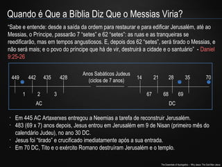 Quando é Que a Bíblia Diz Que o Messias Viria? 
“Sabe e entende: desde a saída da ordem para restaurar e para edificar Jerusalém, até ao 
Messias, o Príncipe, passarão 7 “setes” e 62 “setes”: as ruas e as tranqueiras se 
reedificarão, mas em tempos angustiosos. E, depois dos 62 “setes”, será tirado o Messias, e 
não será mais; e o povo do príncipe que há de vir, destruirá a cidade e o santuário” - Daniel 
9:25-26 
Anos Sabáticos Judeus 
(ciclos de 7 anos) 70 
449 442 435 428 14 21 28 35 
1 2 3 67 68 69 
AC DC 
• Em 445 AC Artaxerxes entregou a Neemias a tarefa de reconstruir Jerusalém. 
• 483 (69 x 7) anos depois, Jesus entrou em Jerusalém em 9 de Nisan (primeiro mês do 
calendário Judeu), no ano 30 DC. 
• Jesus foi “tirado” e crucificado imediatamente após a sua entrada. 
• Em 70 DC, Tito e o exército Romano destruíram Jerusalém e o templo. 
The Essentials of Apologetics – Why Jesus: The God-Man Jesus 
 
