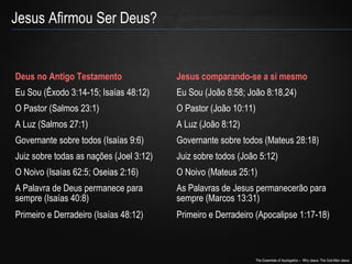 The Essentials of Apologetics – Why Jesus: The God-Man Jesus 
Jesus Afirmou Ser Deus? 
Deus no Antigo Testamento Jesus comparando-se a si mesmo 
Eu Sou (Êxodo 3:14-15; Isaías 48:12) Eu Sou (João 8:58; João 8:18,24) 
O Pastor (Salmos 23:1) O Pastor (João 10:11) 
A Luz (Salmos 27:1) A Luz (João 8:12) 
Governante sobre todos (Isaías 9:6) Governante sobre todos (Mateus 28:18) 
Juiz sobre todas as nações (Joel 3:12) Juiz sobre todos (João 5:12) 
O Noivo (Isaías 62:5; Oseias 2:16) O Noivo (Mateus 25:1) 
A Palavra de Deus permanece para 
sempre (Isaías 40:8) 
As Palavras de Jesus permanecerão para 
sempre (Marcos 13:31) 
Primeiro e Derradeiro (Isaías 48:12) Primeiro e Derradeiro (Apocalipse 1:17-18) 
 