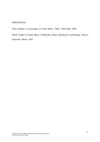 20
Porque los maestros deben comprender el desarrollode sus alumnos
Maritza Yissel Garza Zapata
BIBLIOGRAFIA
Yelon, Stephen L. La psicología en el aula. México. Trillas, 1988 (reimp. 2008)
Morris, Charles G., Maisto Albert A. Duodécima edición. Introducción a la Psicología. Pearson
Educación, México, 2005.
 