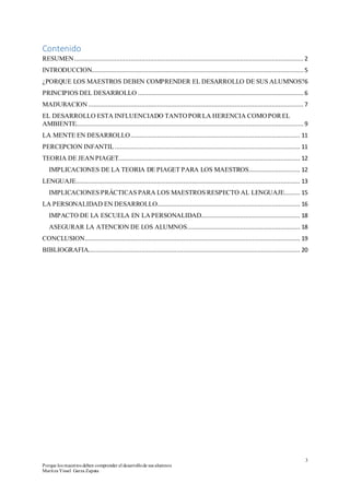 3
Porque los maestros deben comprender el desarrollode sus alumnos
Maritza Yissel Garza Zapata
Contenido
RESUMEN..................................................................................................................................2
INTRODUCCION........................................................................................................................ 5
¿PORQUE LOS MAESTROS DEBEN COMPRENDER EL DESARROLLO DE SUS ALUMNOS?6
PRINCIPIOS DEL DESARROLLO .............................................................................................. 6
MADURACION .......................................................................................................................... 7
EL DESARROLLO ESTA INFLUENCIADO TANTOPORLA HERENCIA COMOPOREL
AMBIENTE.................................................................................................................................9
LA MENTE EN DESARROLLO................................................................................................ 11
PERCEPCION INFANTIL......................................................................................................... 11
TEORIA DE JEANPIAGET....................................................................................................... 12
IMPLICACIONES DE LA TEORIA DE PIAGET PARA LOS MAESTROS............................. 12
LENGUAJE............................................................................................................................... 13
IMPLICACIONES PRÁCTICAS PARA LOS MAESTROS RESPECTO AL LENGUAJE......... 15
LA PERSONALIDAD EN DESARROLLO................................................................................. 16
IMPACTO DE LA ESCUELA EN LAPERSONALIDAD........................................................ 18
ASEGURAR LA ATENCION DE LOS ALUMNOS................................................................ 18
CONCLUSION.......................................................................................................................... 19
BIBLIOGRAFIA........................................................................................................................ 20
 