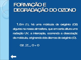 Em (1), há uma molécula de oxigénio (O2) algures na nossa atmosfera, que em certa altura uma radiação UV, a intercepta, ocorrendo a dissociação da molécula, originando dois átomos de oxigénio (O). FORMAÇÃO E DEGRADAÇÃO DO OZONO UV O2  O + O 