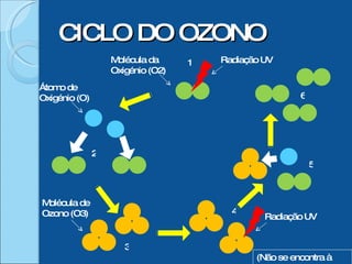 CICLO DO OZONO 1 5 4 3 2 6 (Não se encontra à escala) Molécula da Oxigénio (O2) Radiação UV Radiação UV Molécula de Ozono (O3) Átomo de Oxigénio (O) 