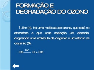 Em (4), há uma molécula de ozono, que está na atmosfera e que uma radiação UV dissocia, originando uma molécula de oxigénio e um átomo de oxigénio (5).  FORMAÇÃO E DEGRADAÇÃO DO OZONO UV O3  O + O2 
