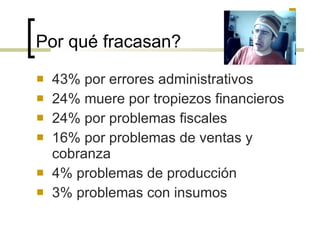 Por qué fracasan? 43% por errores administrativos 24% muere por tropiezos financieros 24% por problemas fiscales 16% por problemas de ventas y cobranza 4% problemas de producción 3% problemas con insumos 