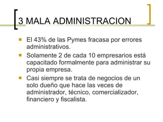 3 MALA ADMINISTRACION El 43% de las Pymes fracasa por errores administrativos. Solamente 2 de cada 10 empresarios está capacitado formalmente para administrar su propia empresa. Casi siempre se trata de negocios de un solo dueño que hace las veces de administrador, técnico, comercializador, financiero y fiscalista. 