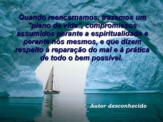 Quando reencarnamos, trazemos um "plano de vida", compromissos assumidos perante a espiritualidade e perante nós mesmos, e que dizem respeito à reparação do mal e à prática de todo o bem possível.  Autor desconhecido 