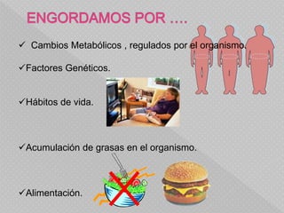  Cambios Metabólicos , regulados por el organismo.
Factores Genéticos.
Hábitos de vida.
Acumulación de grasas en el organismo.
Alimentación.
 
