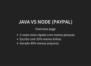 JAVA VS NODE (PAYPAL)
Overview page
2 vezes mais rápido com menos pessoas
Escrito com 33% menos linhas
Gerado 40% menos arquivos
 