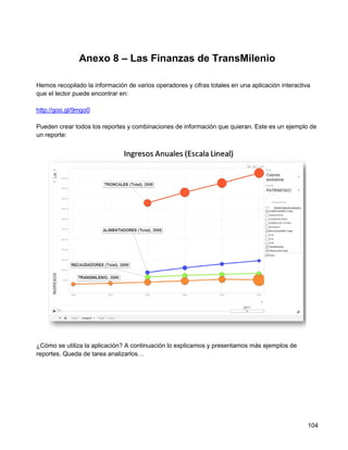 Anexo 8 – Las Finanzas de TransMilenio

Hemos recopilado la información de varios operadores y cifras totales en una aplicación interactiva
que el lector puede encontrar en:

http://goo.gl/9mgo0

Pueden crear todos los reportes y combinaciones de información que quieran. Este es un ejemplo de
un reporte:




¿Cómo se utiliza la aplicación? A continuación lo explicamos y presentamos más ejemplos de
reportes. Queda de tarea analizarlos…




                                                                                                  104
 