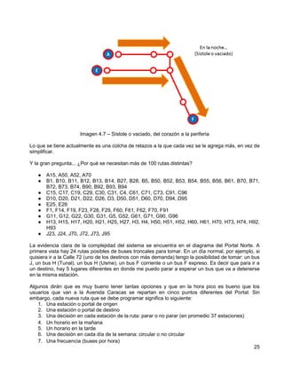 Imagen 4.7 – Sístole o vaciado, del corazón a la periferia

Lo que se tiene actualmente es una colcha de retazos a la que cada vez se le agrega más, en vez de
simplificar.

Y la gran pregunta... ¿Por qué se necesitan más de 100 rutas distintas?

   ●   A15, A50, A52, A70
   ●   B1, B10, B11, B12, B13, B14, B27, B28, B5, B50, B52, B53, B54, B55, B56, B61, B70, B71,
       B72, B73, B74, B90, B92, B93, B94
   ●   C15, C17, C19, C29, C30, C31, C4, C61, C71, C73, C91, C96
   ●   D10, D20, D21, D22, D26, D3, D50, D51, D60, D70, D94, D95
   ●   E25, E26
   ●   F1, F14, F19, F23, F28, F29, F60, F61, F62, F70, F91
   ●   G11, G12, G22, G30, G31, G5, G52, G61, G71, G90, G96
   ●   H13, H15, H17, H20, H21, H25, H27, H3, H4, H50, H51, H52, H60, H61, H70, H73, H74, H92,
       H93
   ●   J23, J24, J70, J72, J73, J95

La evidencia clara de la complejidad del sistema se encuentra en el diagrama del Portal Norte. A
primera vista hay 24 rutas posibles de buses troncales para tomar. En un día normal, por ejemplo, si
quisiera ir a la Calle 72 (uno de los destinos con más demanda) tengo la posibilidad de tomar: un bus
J, un bus H (Tunal), un bus H (Usme), un bus F corriente o un bus F expreso. Es decir que para ir a
un destino, hay 5 lugares diferentes en donde me puedo parar a esperar un bus que va a detenerse
en la misma estación.

Algunos dirán que es muy bueno tener tantas opciones y que en la hora pico es bueno que los
usuarios que van a la Avenida Caracas se repartan en cinco puntos diferentes del Portal. Sin
embargo, cada nueva ruta que se debe programar significa lo siguiente:
   1. Una estación o portal de origen
   2. Una estación o portal de destino
   3. Una decisión en cada estación de la ruta: parar o no parar (en promedio 37 estaciones)
   4. Un horario en la mañana
   5. Un horario en la tarde
   6. Una decisión en cada día de la semana: circular o no circular
   7. Una frecuencia (buses por hora)
                                                                                             25
 