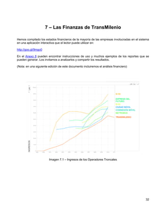 7 – Las Finanzas de TransMilenio

Hemos compilado los estados financieros de la mayoría de las empresas involucradas en el sistema
en una aplicación interactiva que el lector puede utilizar en:

http://goo.gl/9mgo0

En el Anexo 8 pueden encontrar instrucciones de uso y muchos ejemplos de los reportes que se
pueden generar. Los invitamos a analizarlos y compartir los resultados.

(Nota: en una siguiente edición de este documento incluiremos el análisis financiero)




                        Imagen 7.1 – Ingresos de los Operadores Troncales




                                                                                             32
 