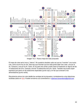 Imagen 10.3 – Nuevo mapa de rutas propuesto

El mapa de rutas sería único y “eterno”. No quedaría obsoleto cada vez que se “inventan” una nueva
ruta, como ocurre hoy en día. Solo hay que recordar que de cada portal salen dos rutas: una por la
Av. Caracas y una por la Av. Quito. Si voy para otro portal, puedo hacer el trasbordo en alguna de las
14 estaciones de la Av. Caracas o de las 10 estaciones de la Av. Quito. También hay buses súper-
expresos que paran en las estaciones especiales (punto rojo) y en las que conectan a los
alimentadores (punto verde).

Discutiremos ahora con más detalle las ventajas de la propuesta y contestaremos a las objeciones
recibidas (texto en rojo). Pueden enviarnos sus comentarios a: repensar.transmilenio@gmail.com




                                                                                                   44
 