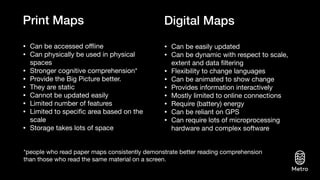 Print Maps
• Can be accessed oﬄine

• Can physically be used in physical
spaces

• Stronger cognitive comprehension*

• Provide the Big Picture better. 

• They are static

• Cannot be updated easily

• Limited number of features

• Limited to speciﬁc area based on the
scale

• Storage takes lots of space
• Can be easily updated

• Can be dynamic with respect to scale,
extent and data ﬁltering

• Flexibility to change languages

• Can be animated to show change

• Provides information interactively

• Mostly limited to online connections

• Require (battery) energy

• Can be reliant on GPS

• Can require lots of microprocessing
hardware and complex software

Digital Maps
*people who read paper maps consistently demonstrate better reading comprehension 

than those who read the same material on a screen.
 