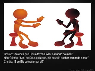 The Essentials of Apologetics – Why Christianity: In an Evil World
Cristão: “Acredita que Deus deveria livrar o mundo do mal?”
Não-Cristão: “Sim, se Deus existisse, ele deveria acabar com todo o mal!”
Cristão: “E se Ele começar por si?”
 