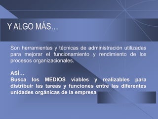 Y ALGO MÁS…Son herramientas y técnicas de administración utilizadas para mejorar el funcionamiento y rendimiento de los procesos organizacionales.ASÍ…Busca los MEDIOSviables y realizablesparadistribuirlastareas y funciones entre lasdiferentesunidadesorgánicas de la empresa