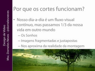 Por que os cortes funcionam?Nosso dia-a-dia é um fluxo visual contínuo, mas passamos 1/3 da nossa vida em outro mundoOs SonhosImagens fragmentadas e justapostasNos aproxima da realidade da montagem