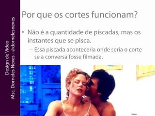 Por que os cortes funcionam?Não é a quantidade de piscadas, mas os instantes que se pisca.Essa piscada aconteceria onde seria o corte se a conversa fosse filmada.