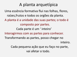A planta arquetípica
Uma essência formativa flui nas folhas, flores,
raízes,frutos e todos os orgões da planta.
A planta é a unidade das suas partes; o todo é
composto por partes.
Cada parte é um ‘ inteiro’
Interagirmos com as partes para conhecer.
Transformando as partes, posso chegar no
inteiro.
Cada pequena ação que eu faço no parte,
vai afetar o todo.
 