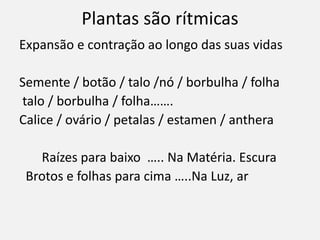 Plantas são rítmicas
Expansão e contração ao longo das suas vidas
Semente / botão / talo /nó / borbulha / folha
talo / borbulha / folha…….
Calice / ovário / petalas / estamen / anthera
Raízes para baixo ….. Na Matéria. Escura
Brotos e folhas para cima …..Na Luz, ar
 